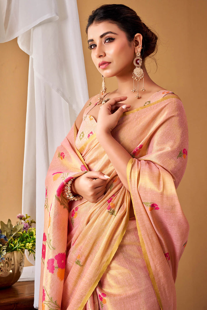Mandys Pink Zari Woven Banarasi Tissue Silk Saree