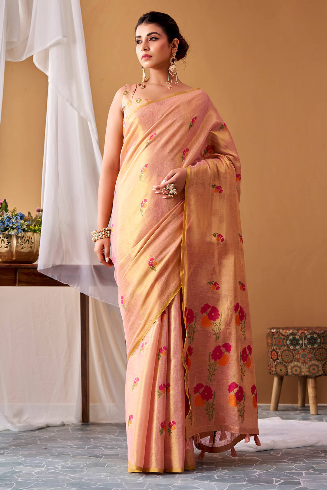 Mandys Pink Zari Woven Banarasi Tissue Silk Saree