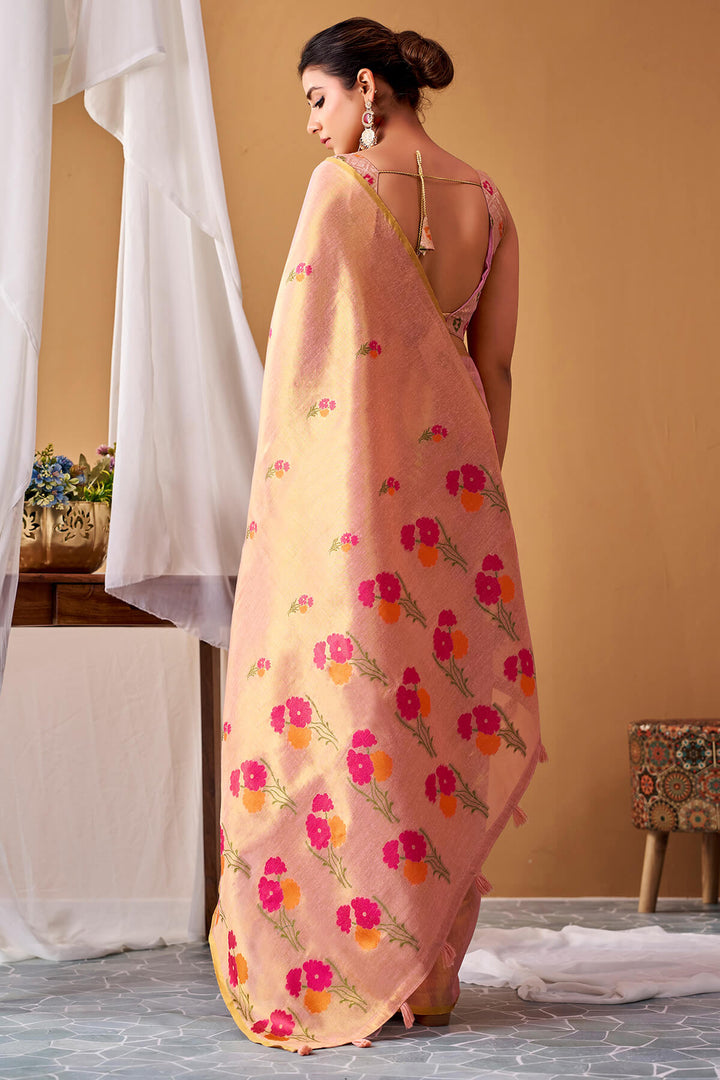 Mandys Pink Zari Woven Banarasi Tissue Silk Saree