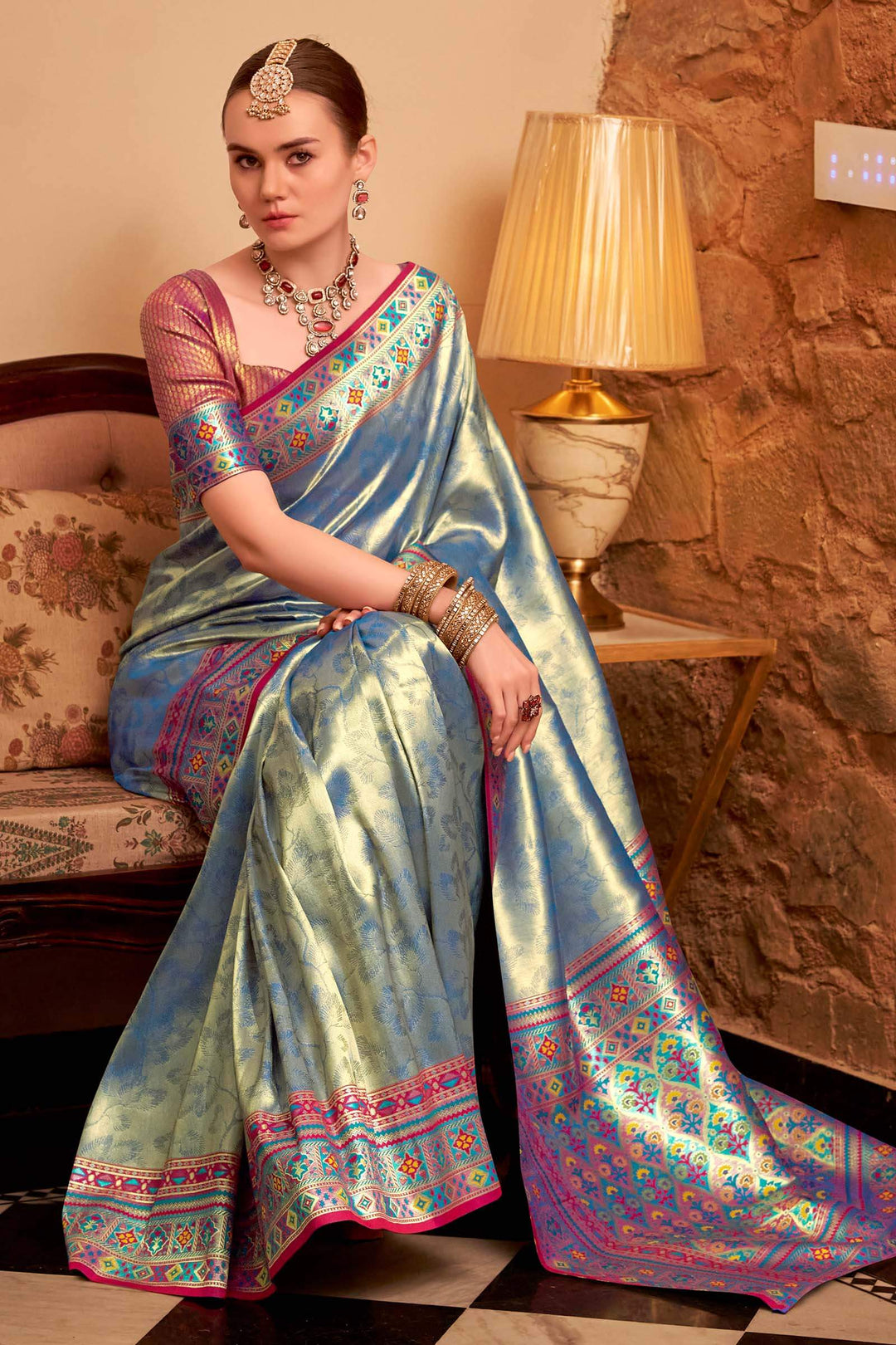 Marble Blue Banarasi Tissue Silk Saree
