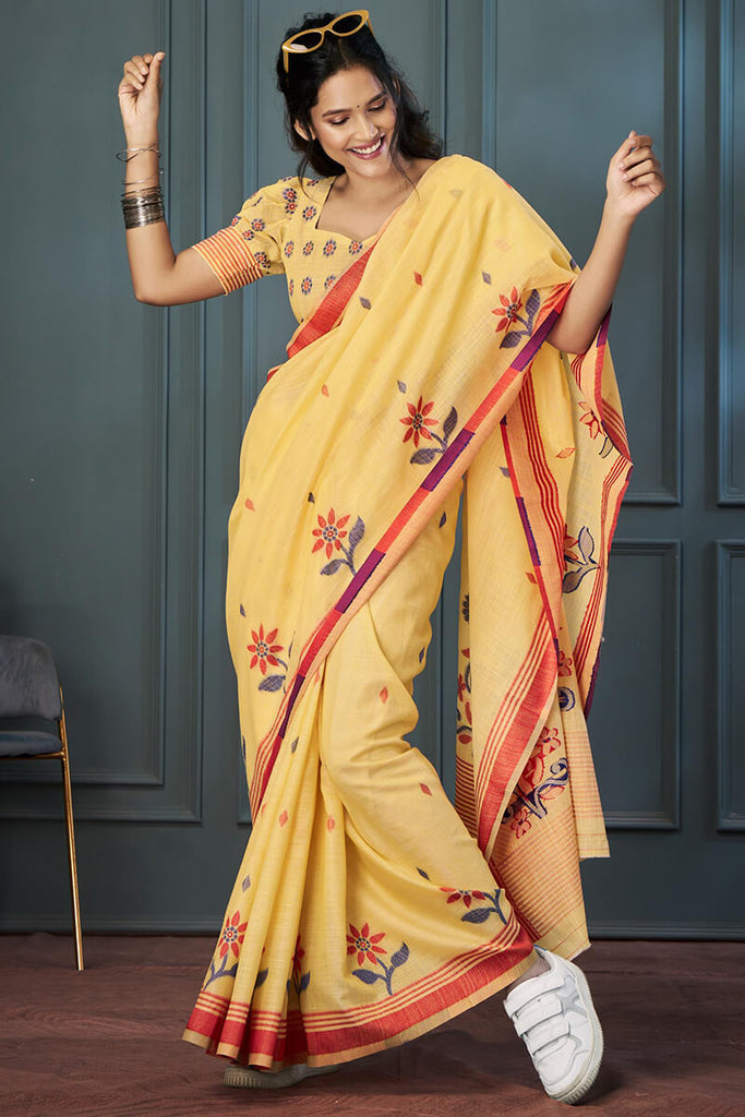 Marigold Yellow Soft Linen Silk Saree