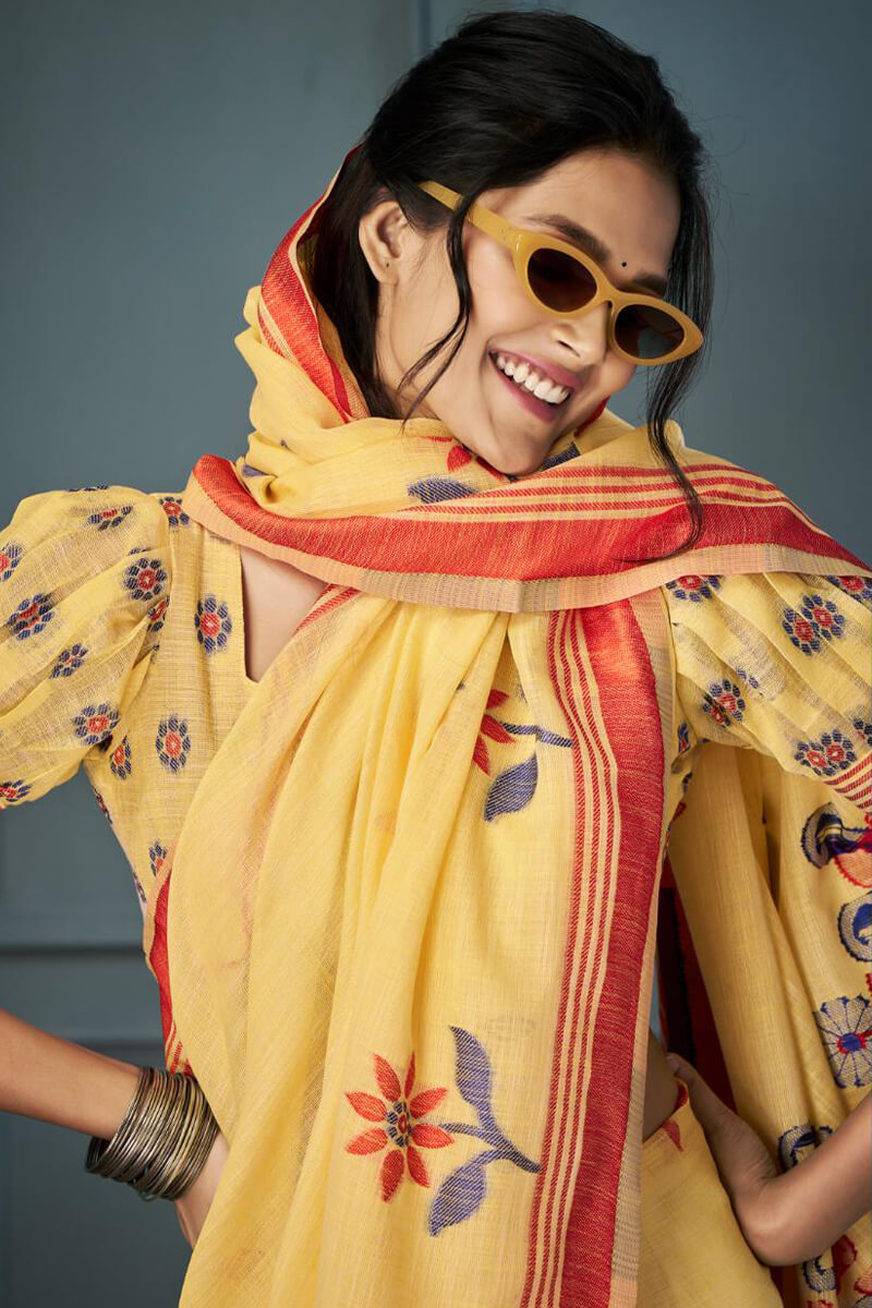 Marigold Yellow Soft Linen Silk Saree