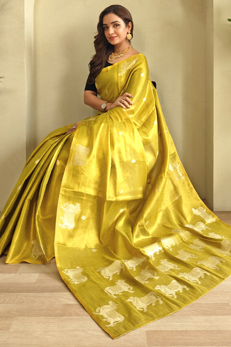Marigold Yellow Zari woven Banarasi Tissue Silk Saree