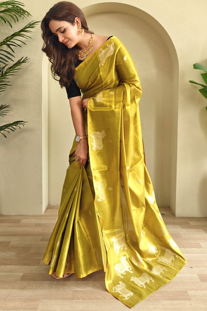 Marigold Yellow Zari woven Banarasi Tissue Silk Saree