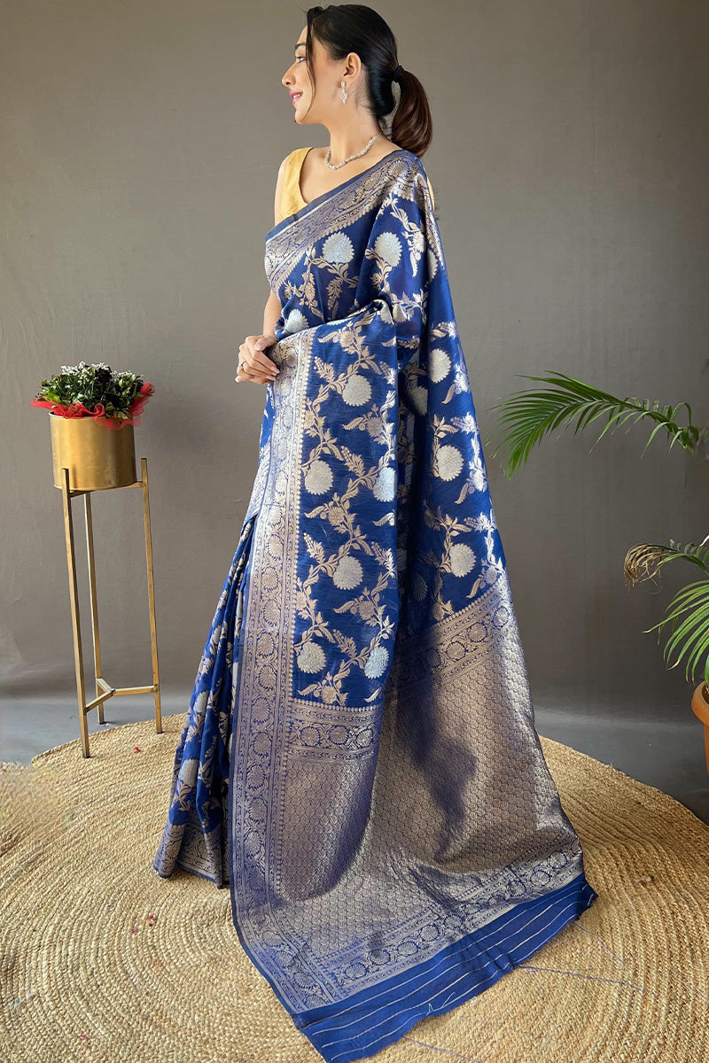 Marine Blue Zari Woven Linen Silk Saree