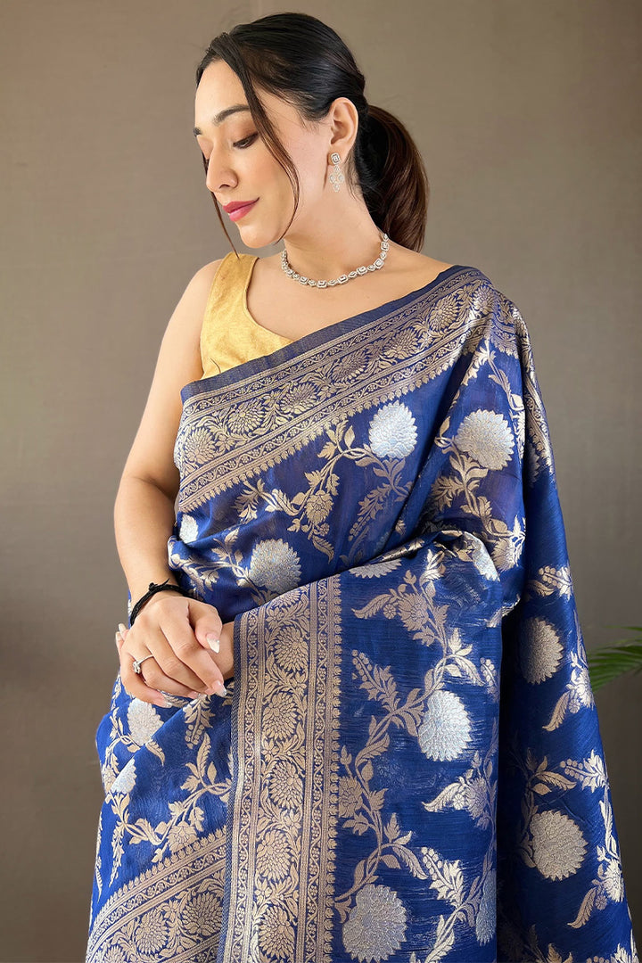 Marine Blue Zari Woven Linen Silk Saree