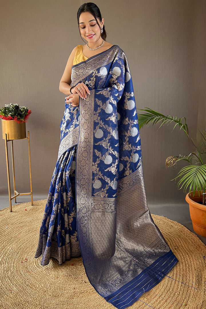 Marine Blue Zari Woven Linen Silk Saree