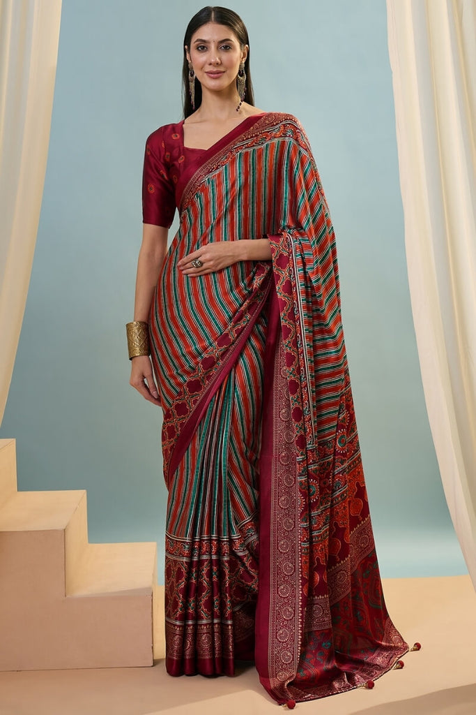 Maroon and Red Ajrakh Printed Satin Silk Saree