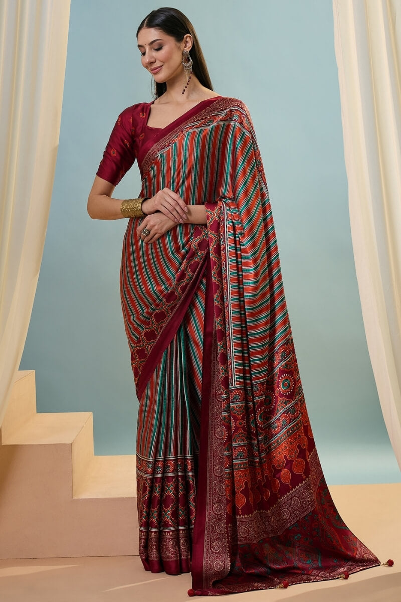 Maroon and Red Ajrakh Printed Satin Silk Saree