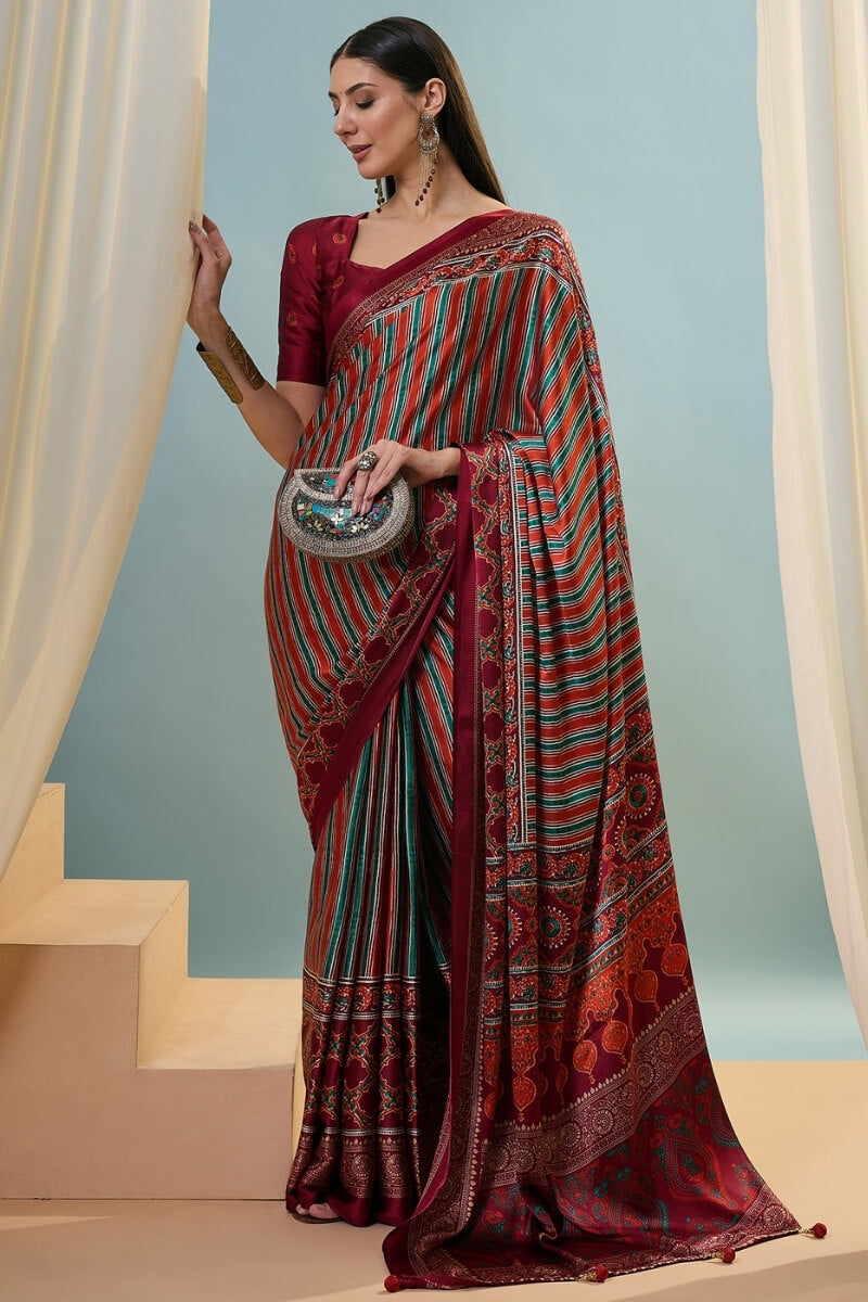 Maroon and Red Ajrakh Printed Satin Silk Saree