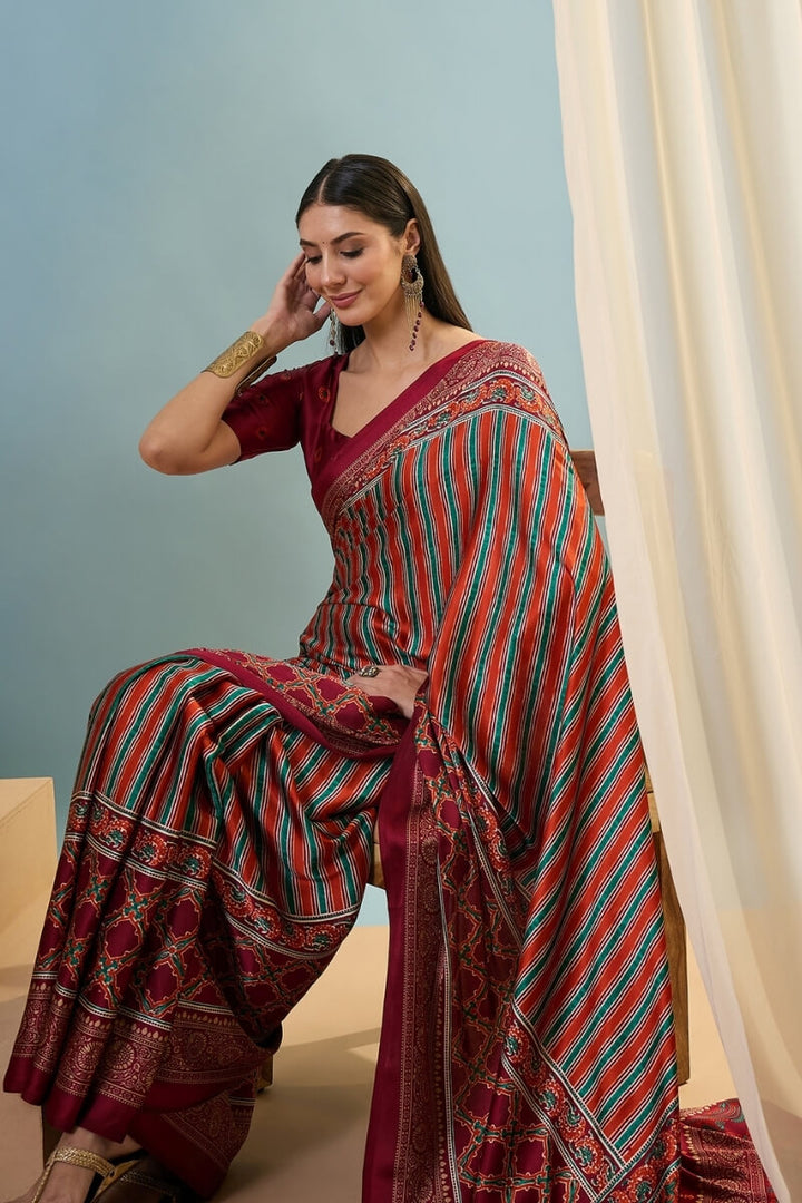 Maroon and Red Ajrakh Printed Satin Silk Saree