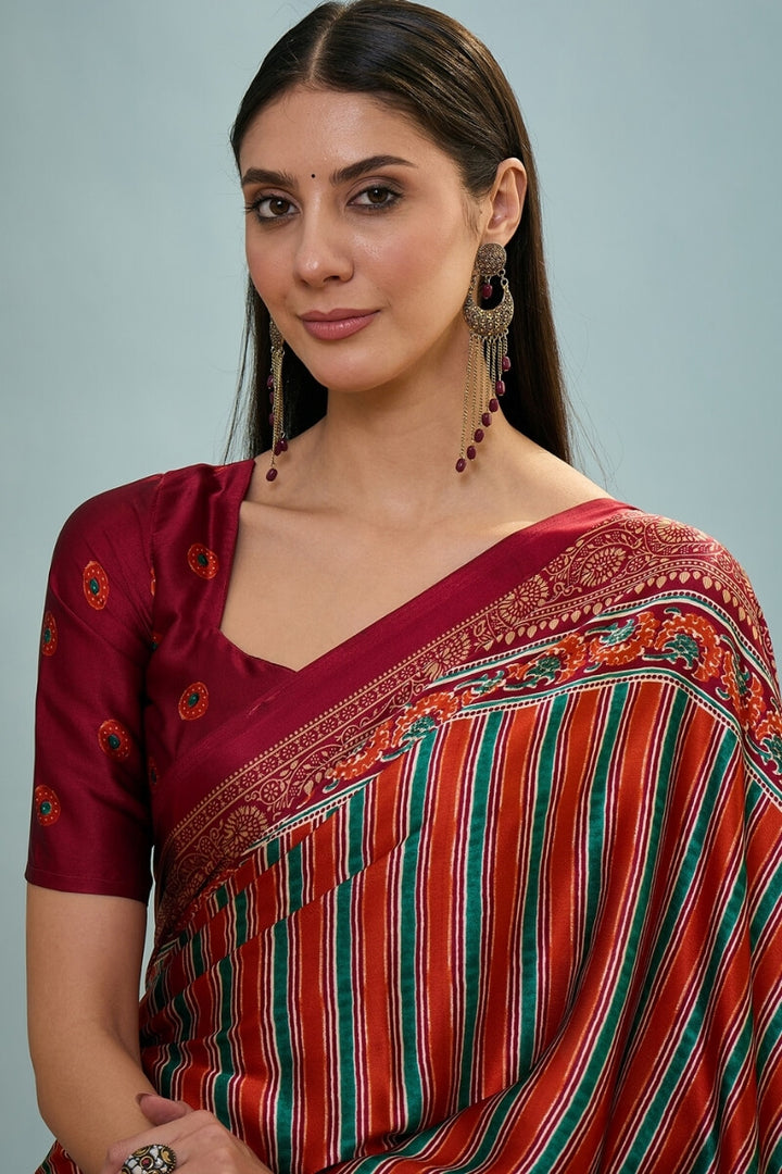 Maroon and Red Ajrakh Printed Satin Silk Saree