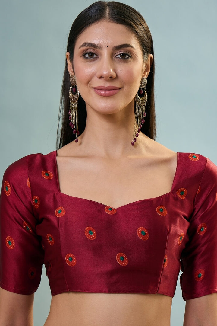 Maroon and Red Ajrakh Printed Satin Silk Saree