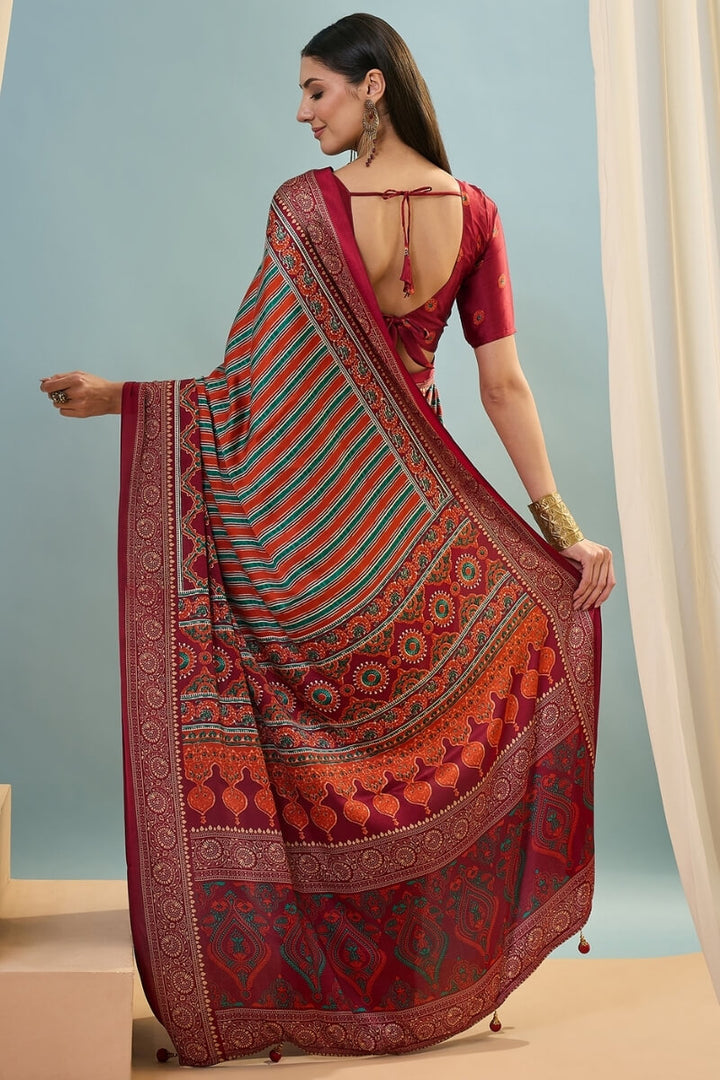Maroon and Red Ajrakh Printed Satin Silk Saree