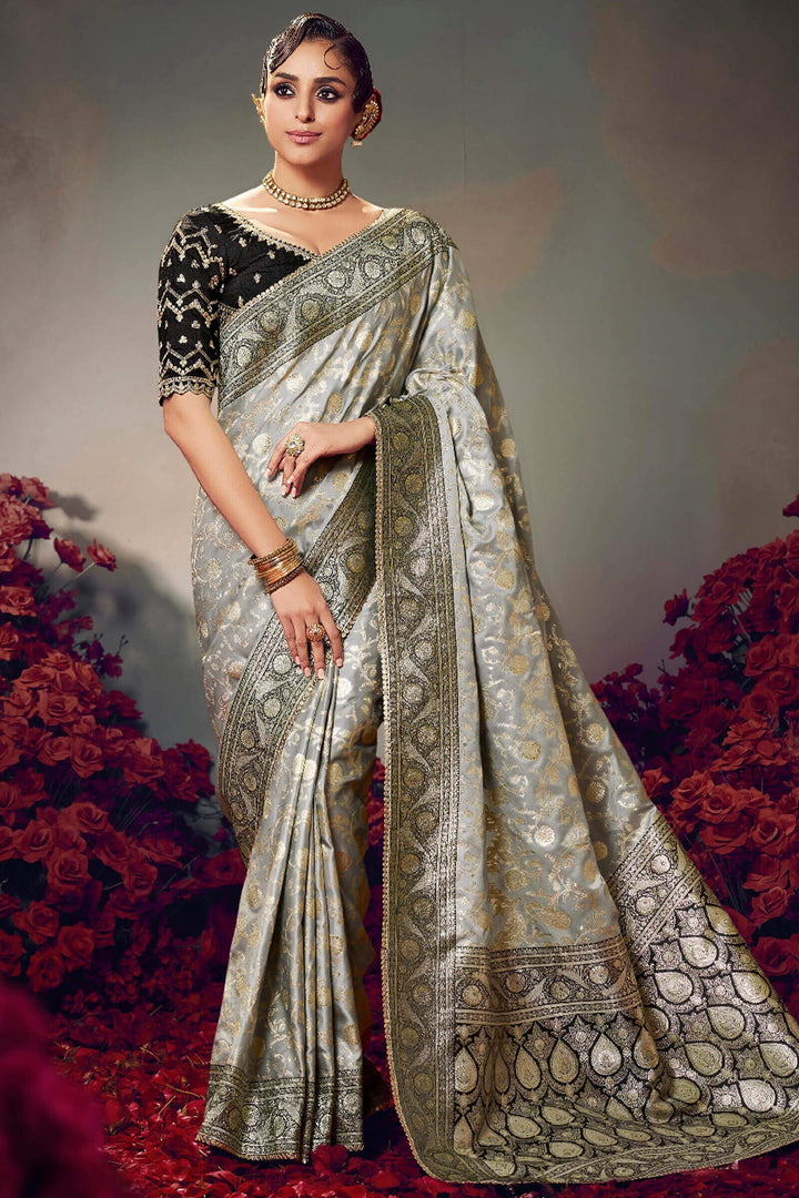 Martini Grey Banarasi Satin Silk Saree With Fancy Lace Border and Embroidery Blouse