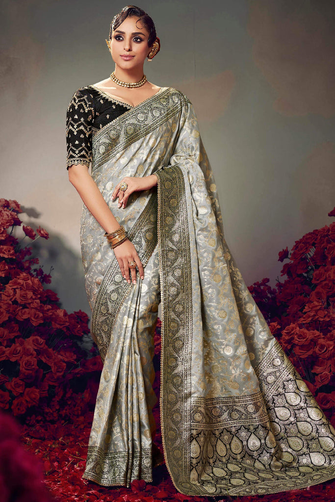 Martini Grey Banarasi Satin Silk Saree With Fancy Lace Border and Embroidery Blouse