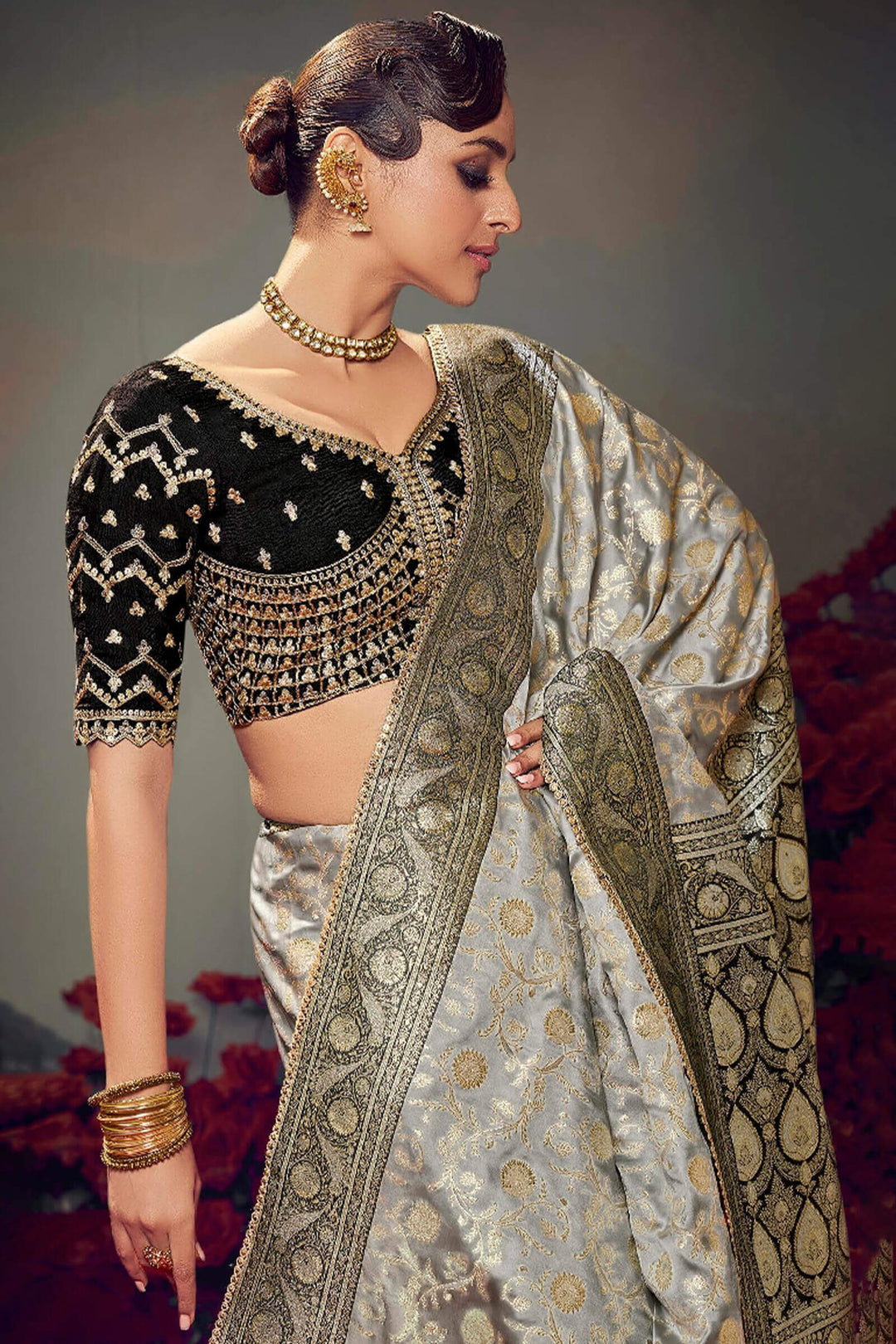 Martini Grey Banarasi Satin Silk Saree With Fancy Lace Border and Embroidery Blouse