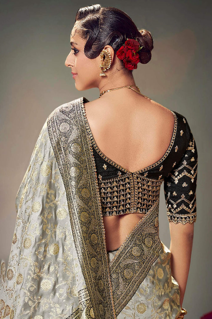 Martini Grey Banarasi Satin Silk Saree With Fancy Lace Border and Embroidery Blouse