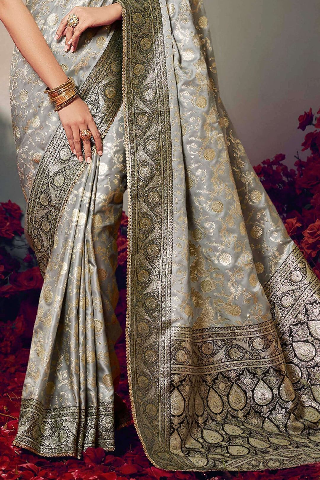 Martini Grey Banarasi Satin Silk Saree With Fancy Lace Border and Embroidery Blouse
