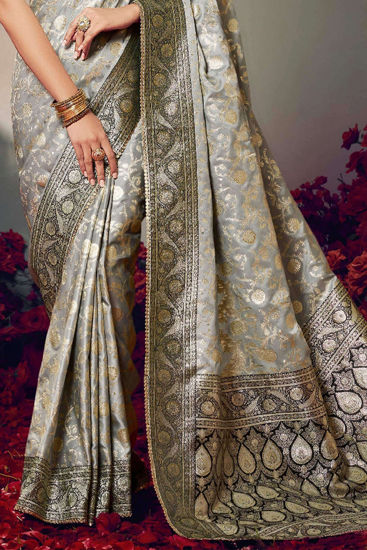 Martini Grey Banarasi Satin Silk Saree With Fancy Lace Border and Embroidery Blouse