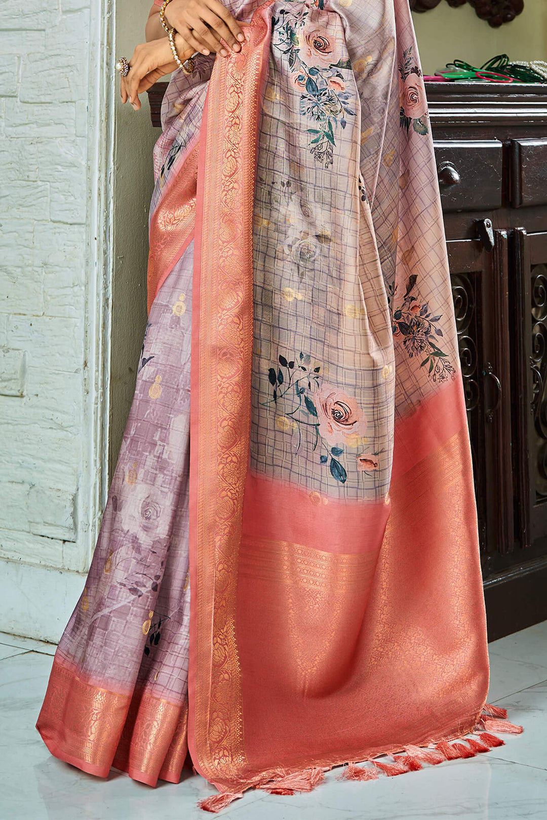 Martini Grey Handloom Woven Digital Printed Soft Silk Saree