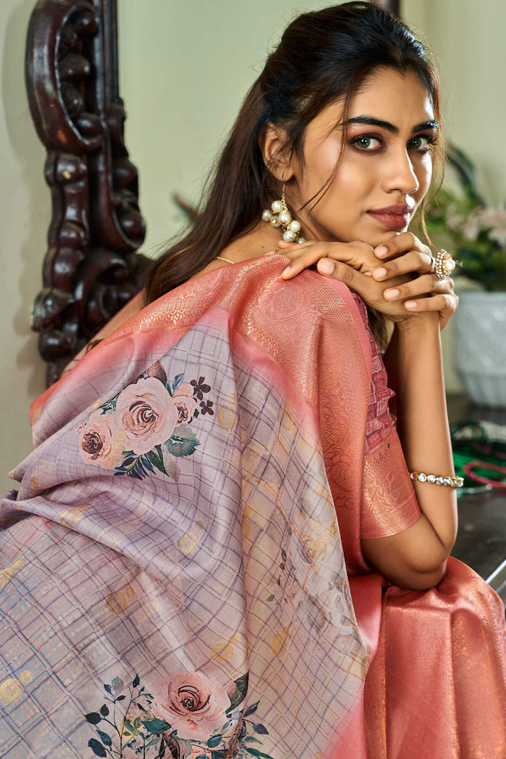 Martini Grey Handloom Woven Digital Printed Soft Silk Saree