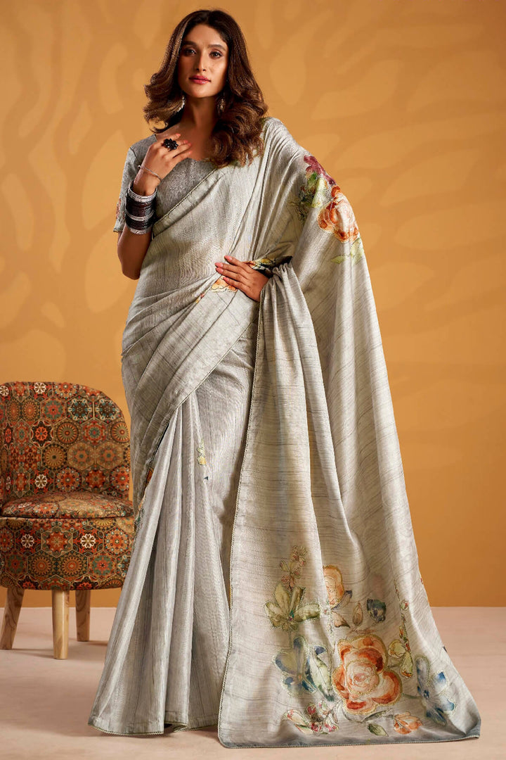 Martini Grey Kasheeda work Tussar Silk Saree