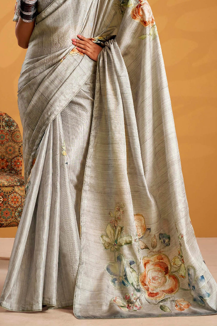 Martini Grey Kasheeda work Tussar Silk Saree
