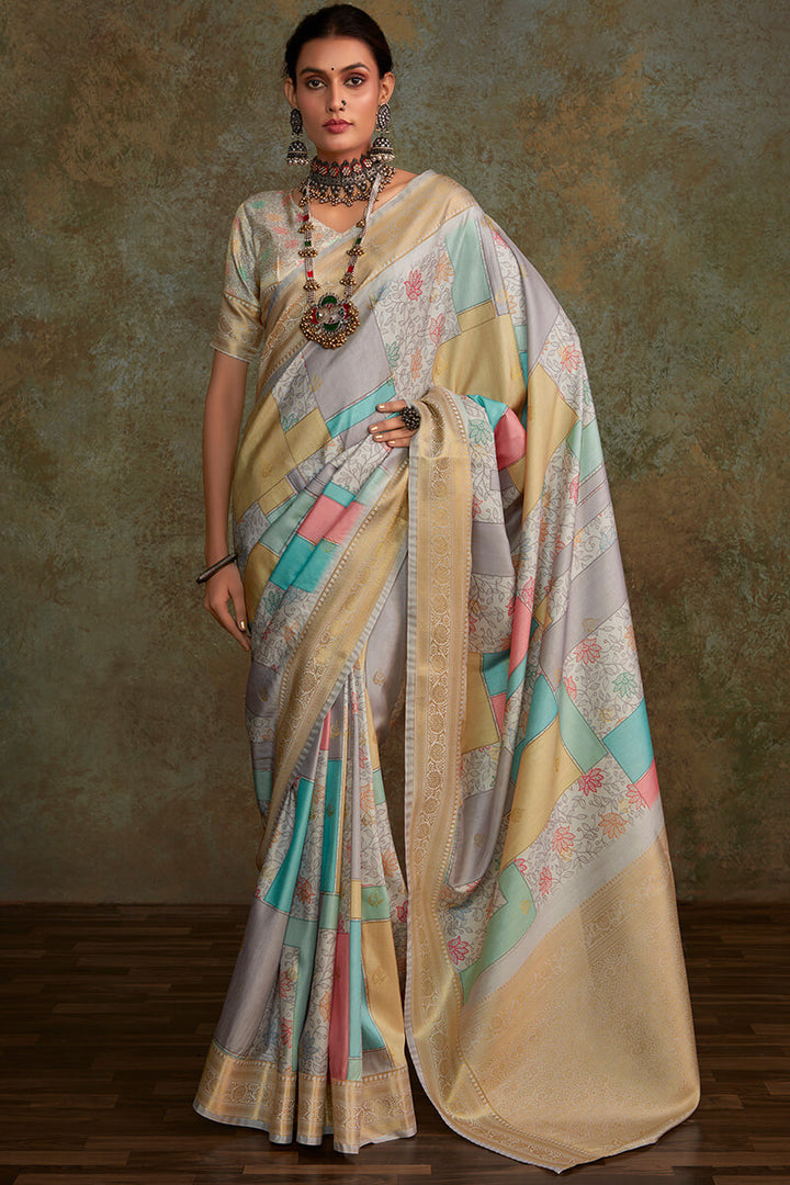 Martini Grey Printed Soft Silk Saree