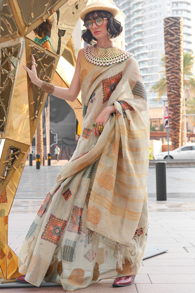 Martini Grey Zari Woven Printed Tissue Silk Saree