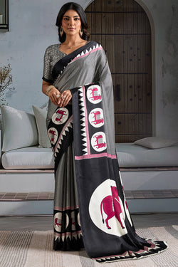 Matte Black Ajrakh Printed Satin Crepe Silk Saree