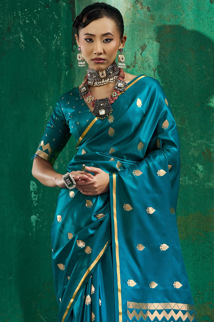 Matte Blue Zari woven Banarasi Satin silk saree