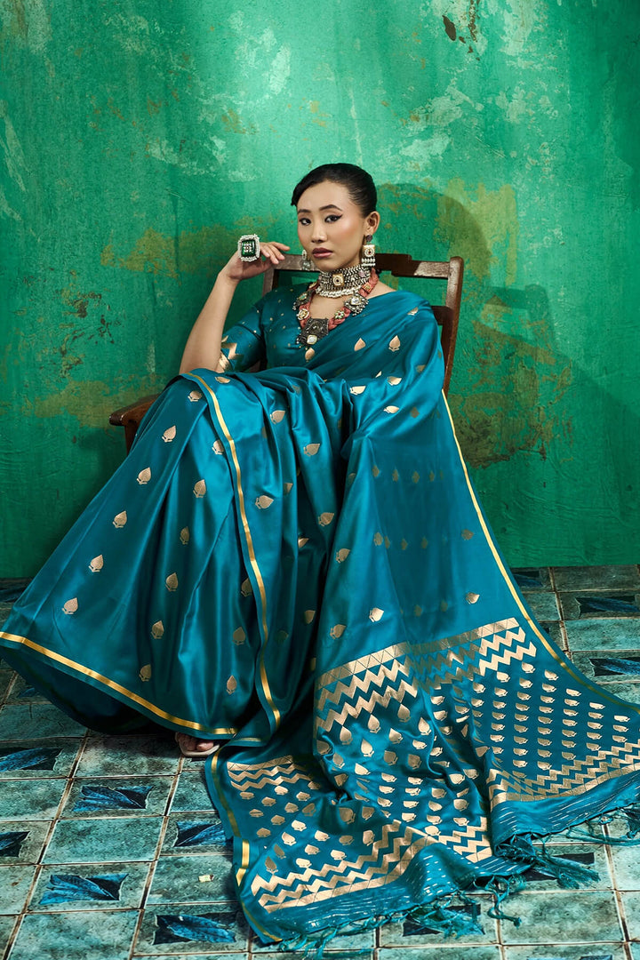 Matte Blue Zari woven Banarasi Satin silk saree