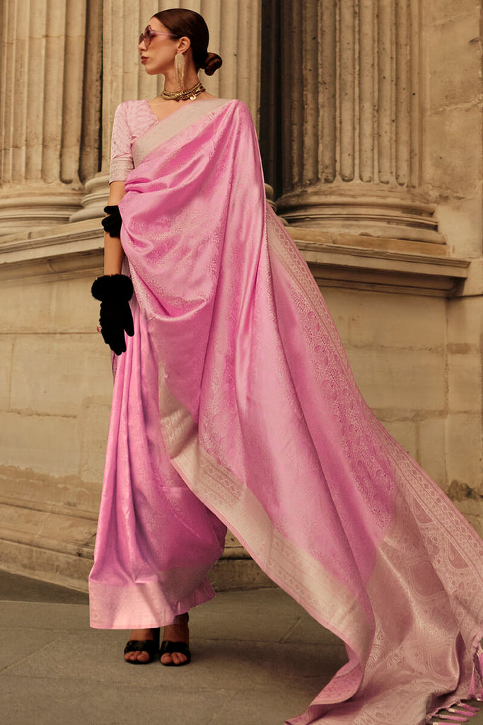Mauvelous Pink Zari Woven Banarasi Satin Silk Saree