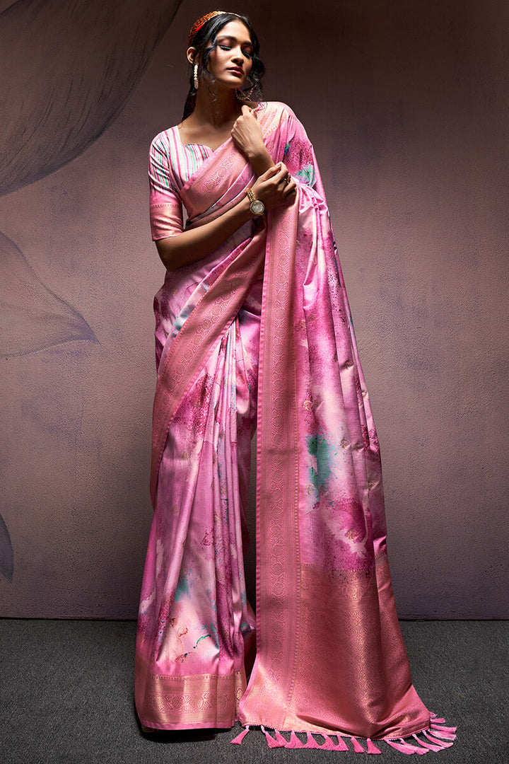 Medium Pink Printed Soft Silk Saree