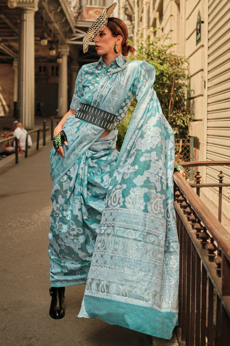 Medium Turquoise Lucknowi Chikankari Saree
