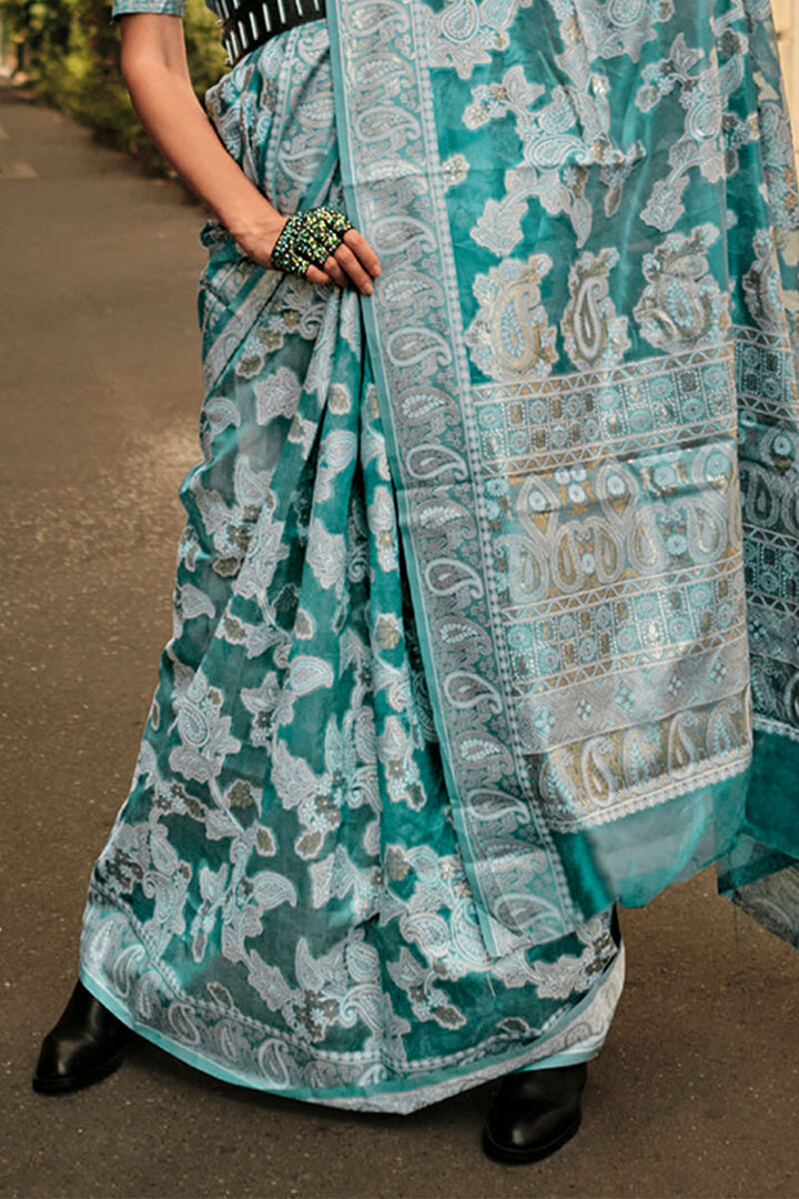 Medium Turquoise Lucknowi Chikankari Saree