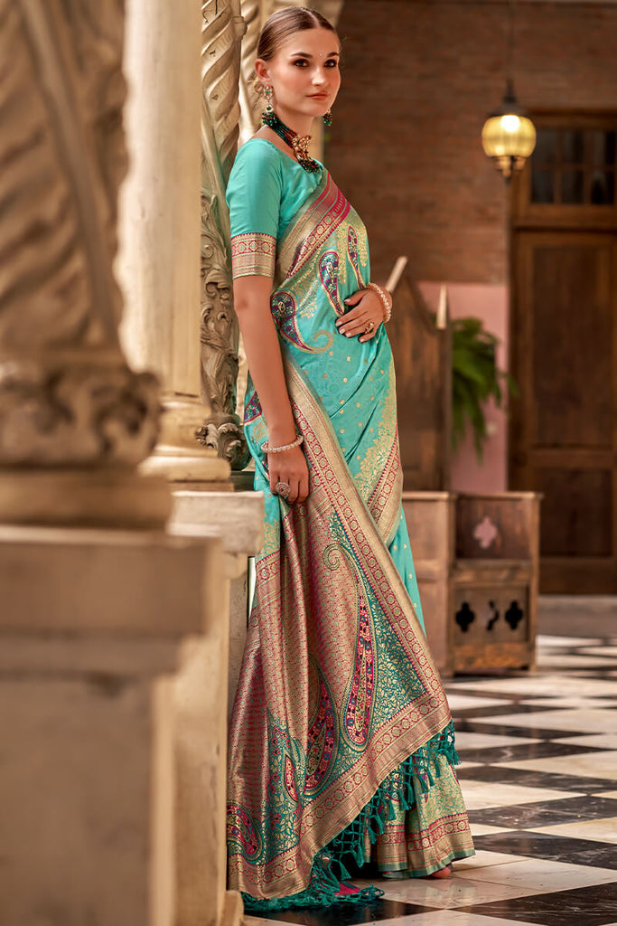 Medium Turquoise Soft Banarasi Silk Saree