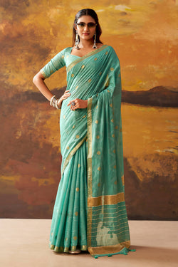 Medium Turquoise Zari Woven Cotton Silk Saree