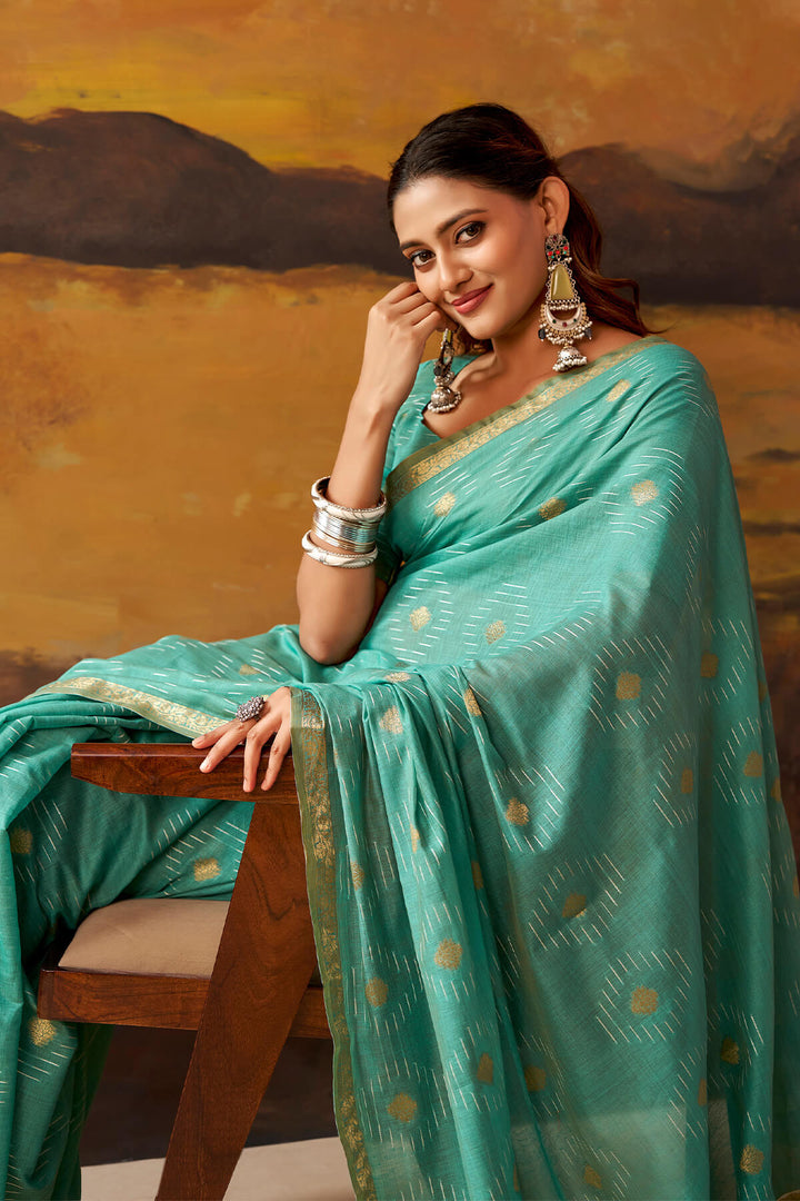 Medium Turquoise Zari Woven Cotton Silk Saree