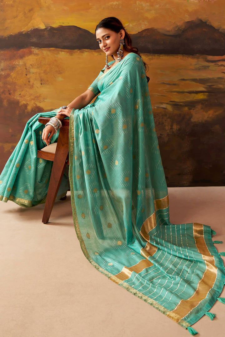 Medium Turquoise Zari Woven Cotton Silk Saree