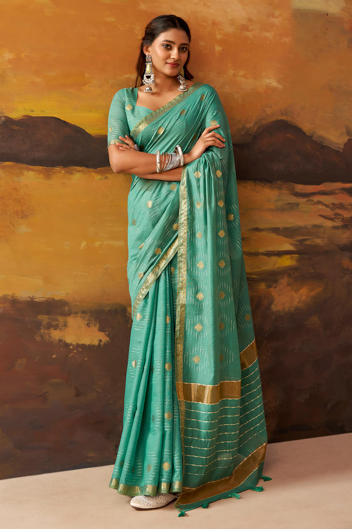 Medium Turquoise Zari Woven Cotton Silk Saree