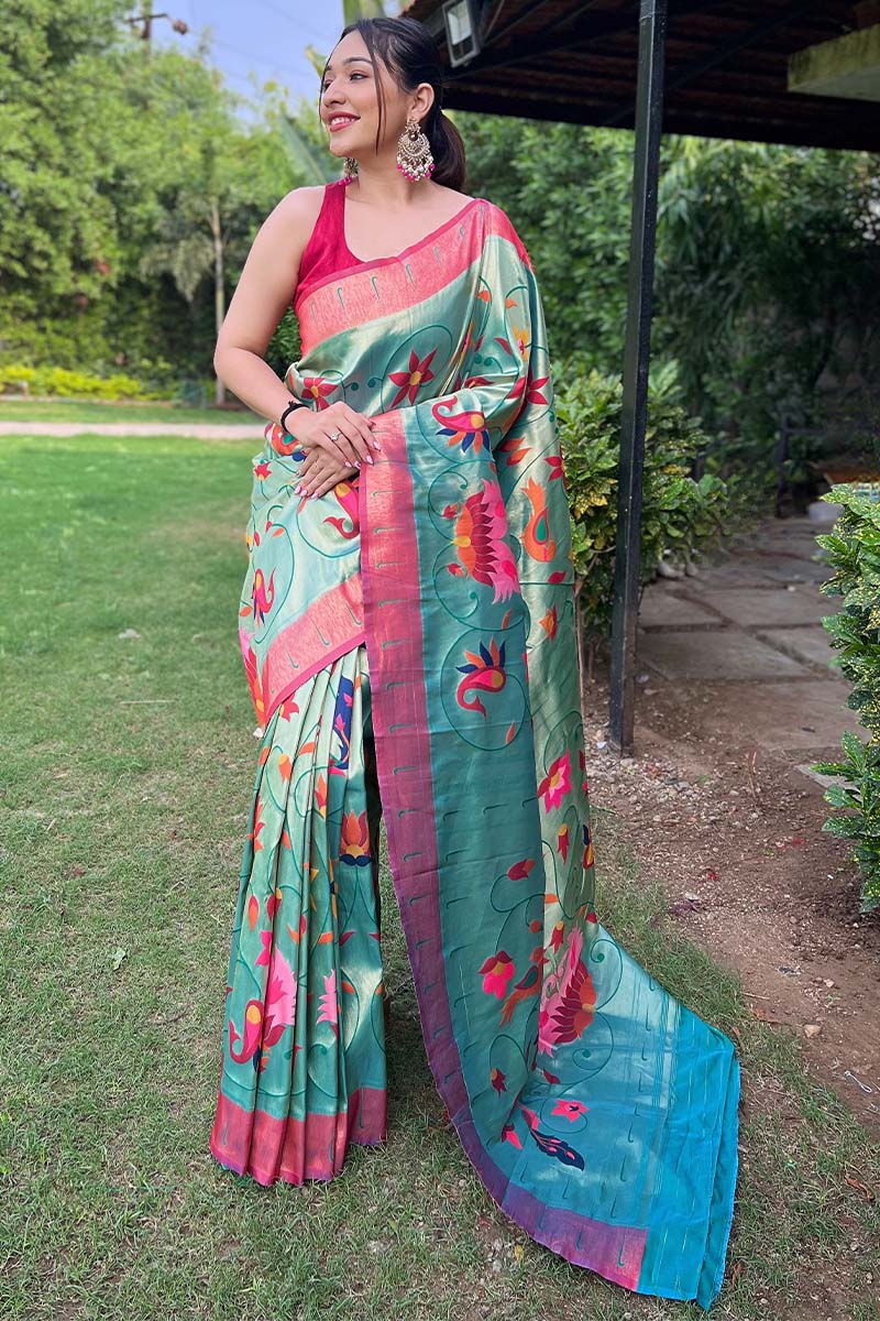 Medium Turquoise Zari Woven Paithani Silk Saree