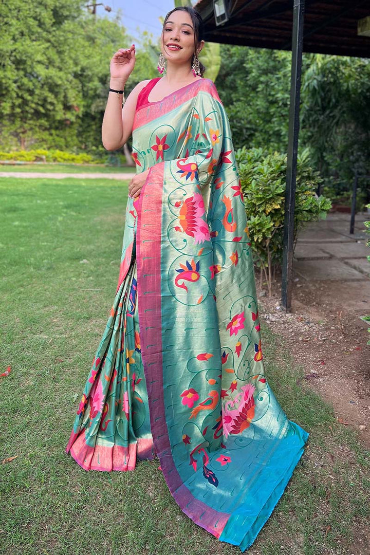 Medium Turquoise Zari Woven Paithani Silk Saree