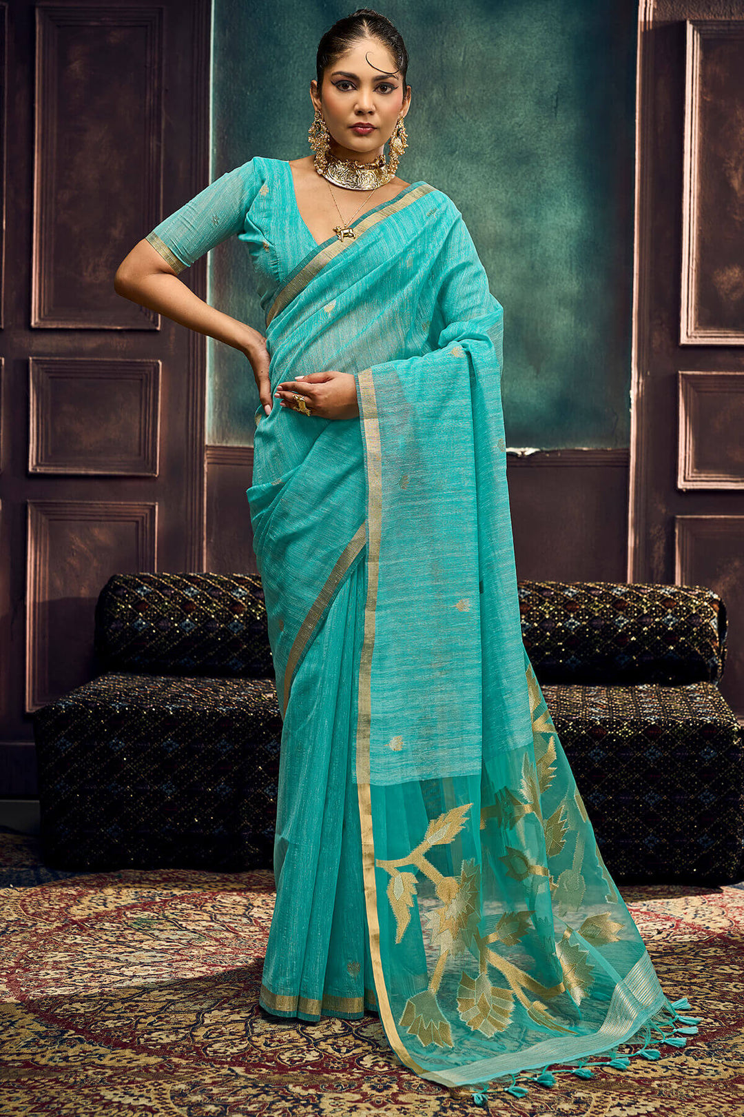 Medium Turquoise Zari Woven Pure Munga Cotton saree