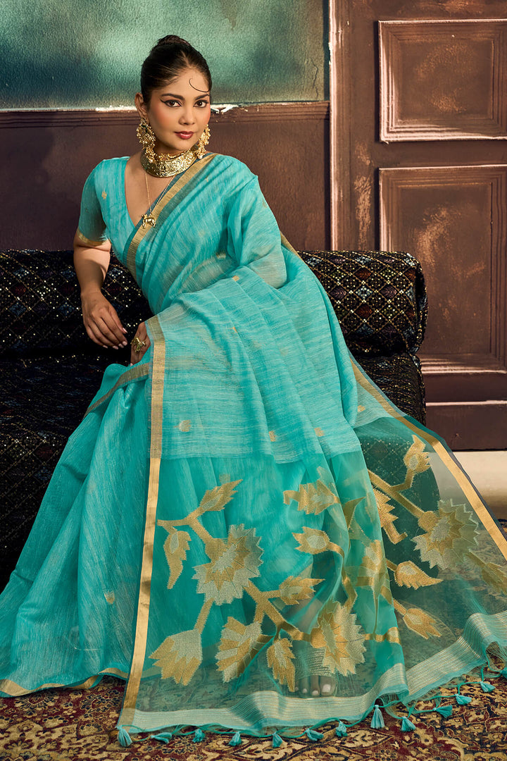 Medium Turquoise Zari Woven Pure Munga Cotton saree