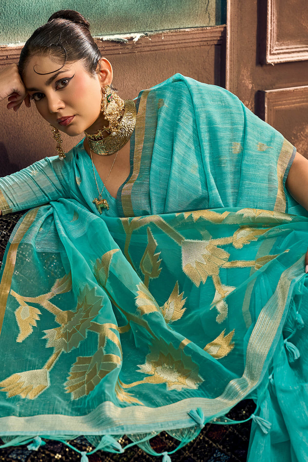 Medium Turquoise Zari Woven Pure Munga Cotton saree