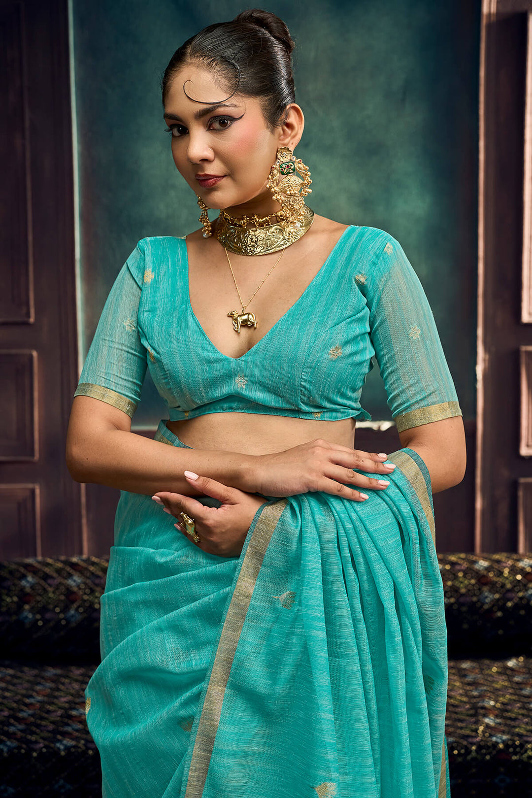 Medium Turquoise Zari Woven Pure Munga Cotton saree