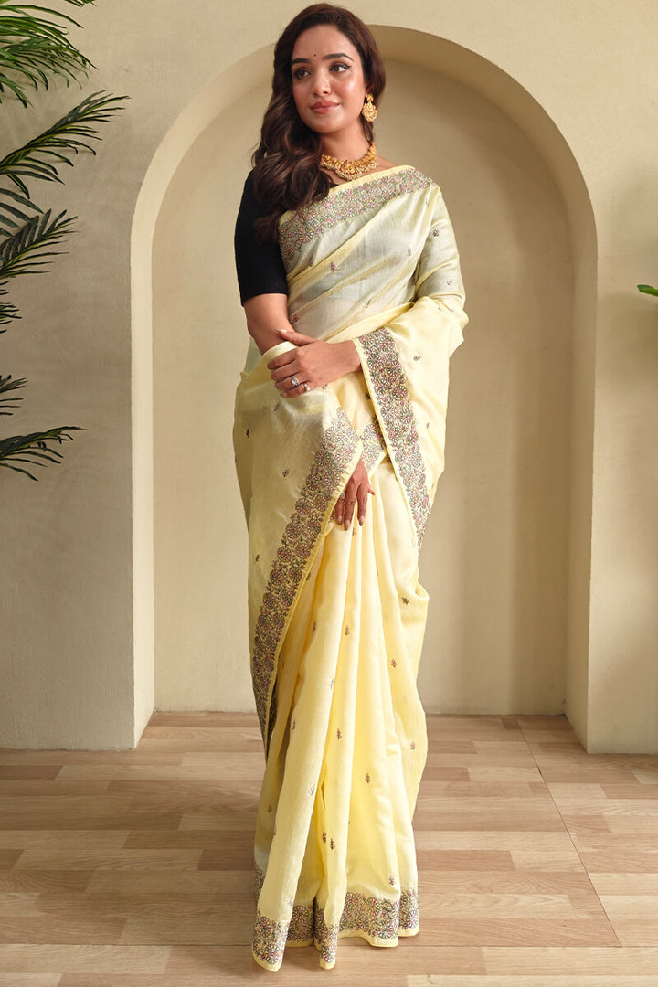 Mellow Yellow Embroidered Pure Loom Tussar Silk Saree