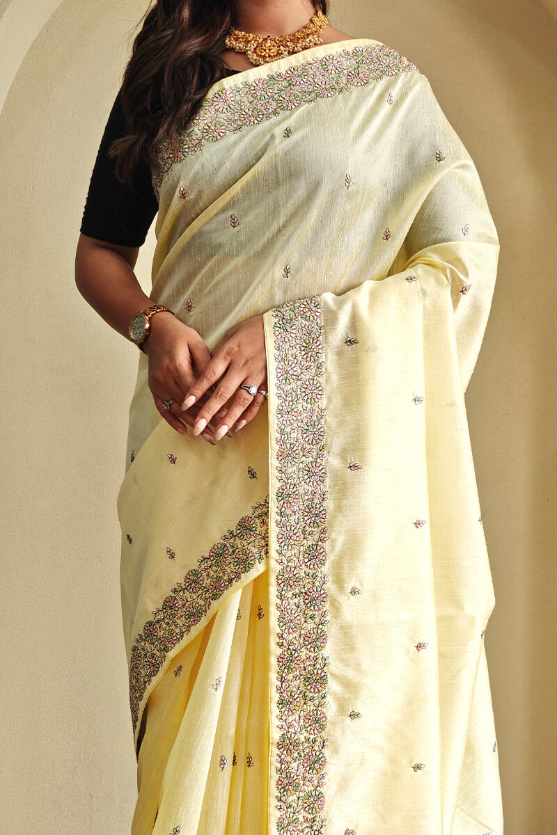 Mellow Yellow Embroidered Pure Loom Tussar Silk Saree